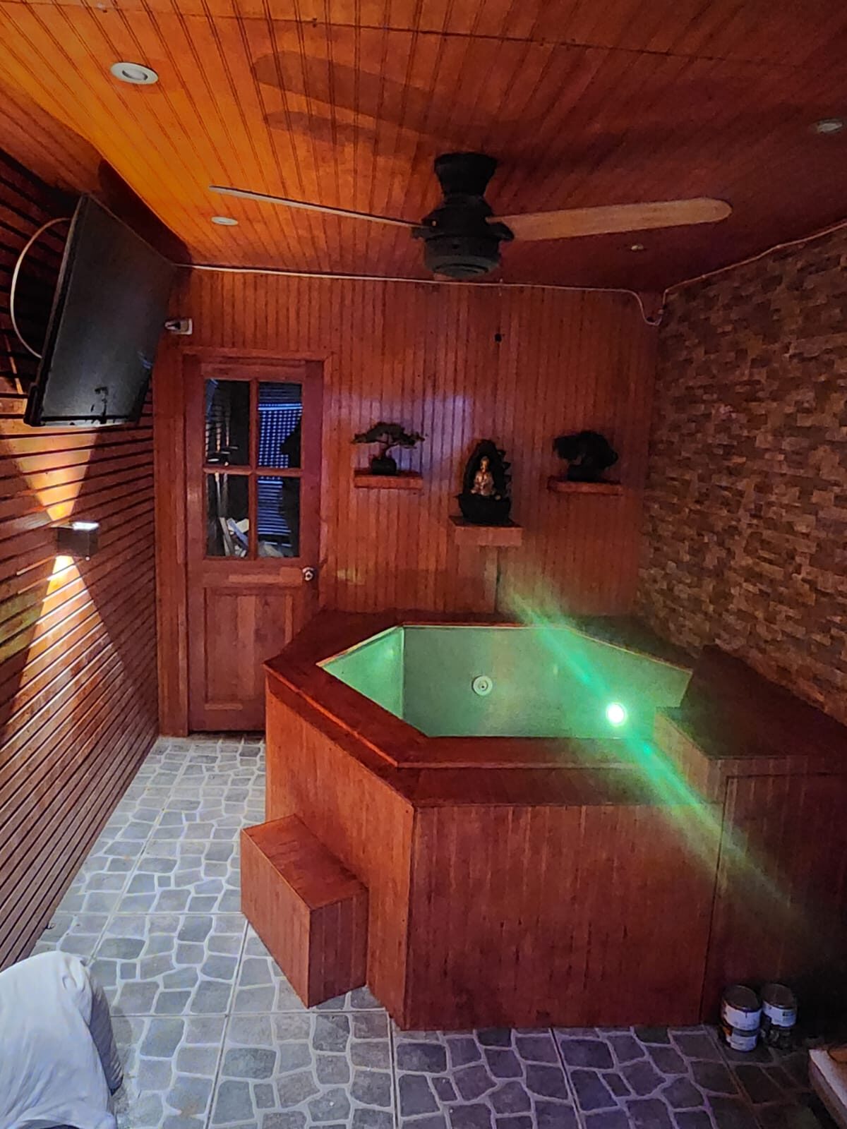 Jacuzzi de fibra de vidrio ALB-KEV revestido en madera con iluminación LED verde, categoría premium